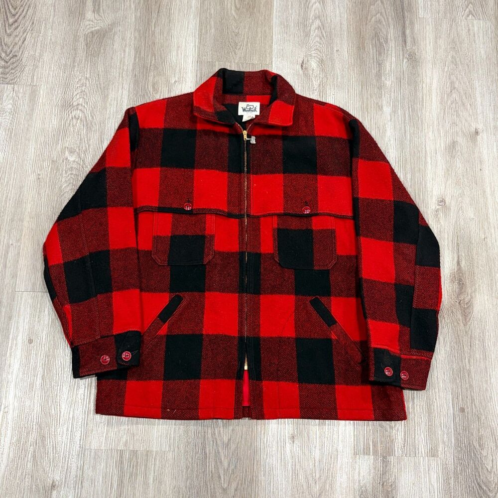 Vintage 60s Woolrich Buffalo Plaid Wool Mackinaw Jacket Mens Size 46 XL USA Made